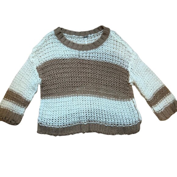 Free People Monaco Cream & Tan Striped Open-Knit Oversized Sweater XS - Picture 9 of 11